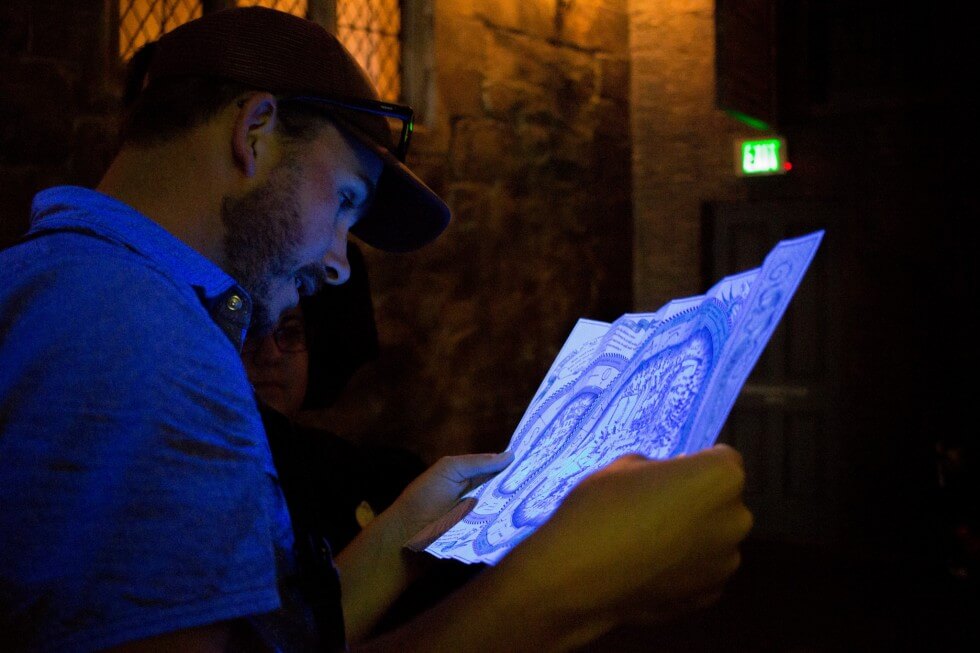 Blacklit Spell Map in Knockturn Alley Visiting Harry Potter World Orlando