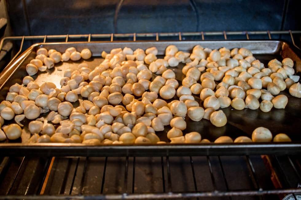 roasting the macademia nuts for baklava