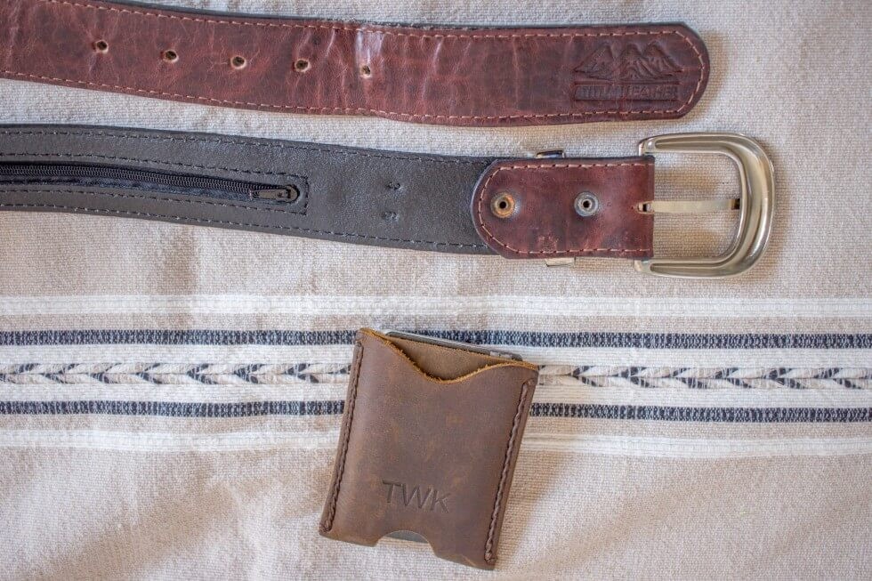 Leather money belt and minimalist wallet