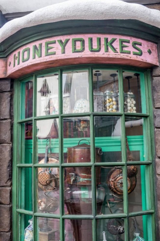 Honeydukes window in Hogsmeade Village Visiting Harry Potter World Orlando